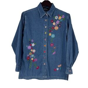 Silver Threads Womens Button Up Chambray Top Size M Floral Embroidered Boho